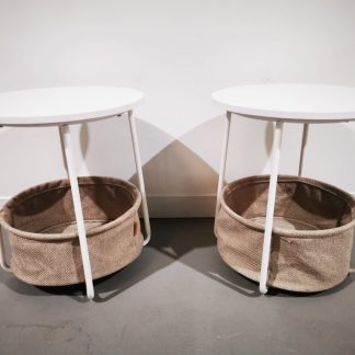 2x White VASAGLE Round End Tables with Fabric Basket