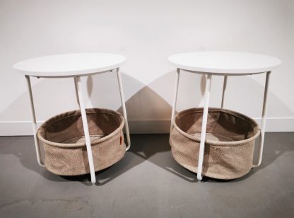 2x White VASAGLE Round End Tables with Fabric Basket