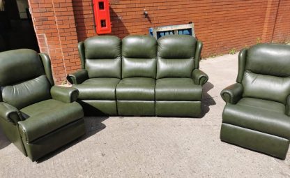 Green leather sofa and 2 chairs